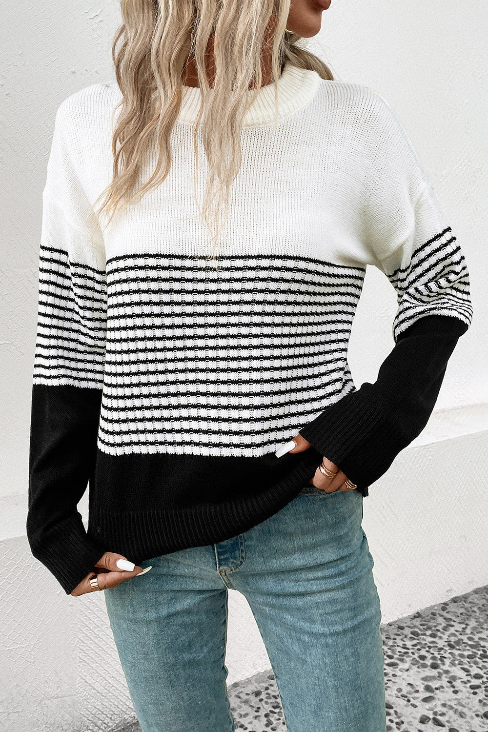 Perfee Striped Drop Shoulder Sweater - The Boutie Shop