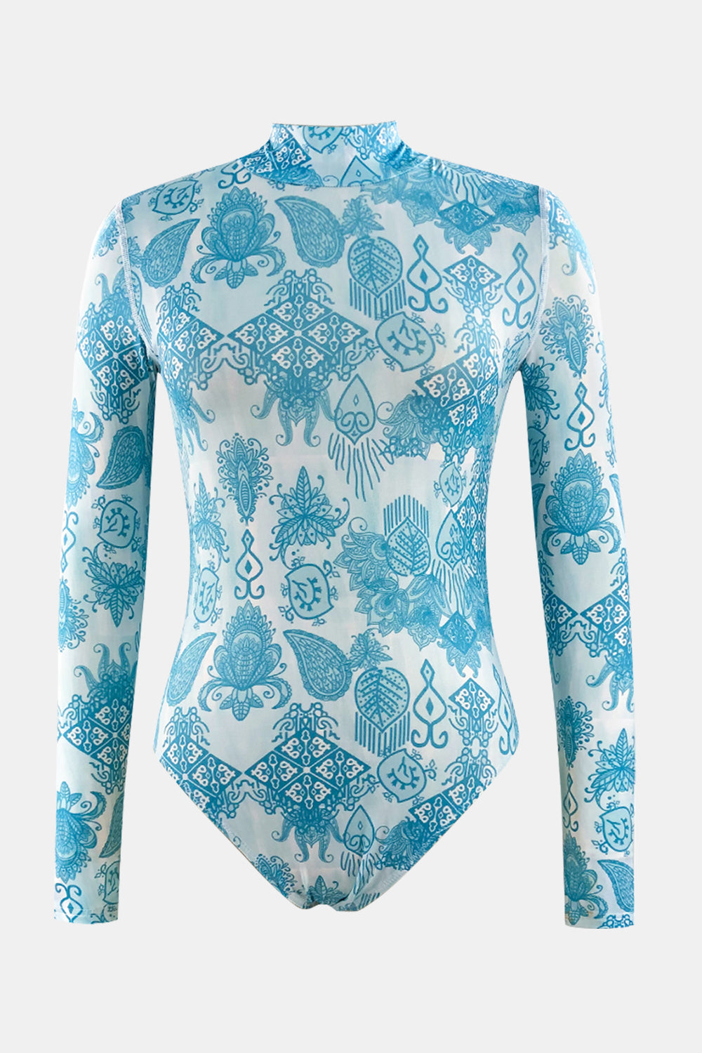 Printed Mock Neck Long Sleeve One-Piece Swimwear - The Boutie Shop