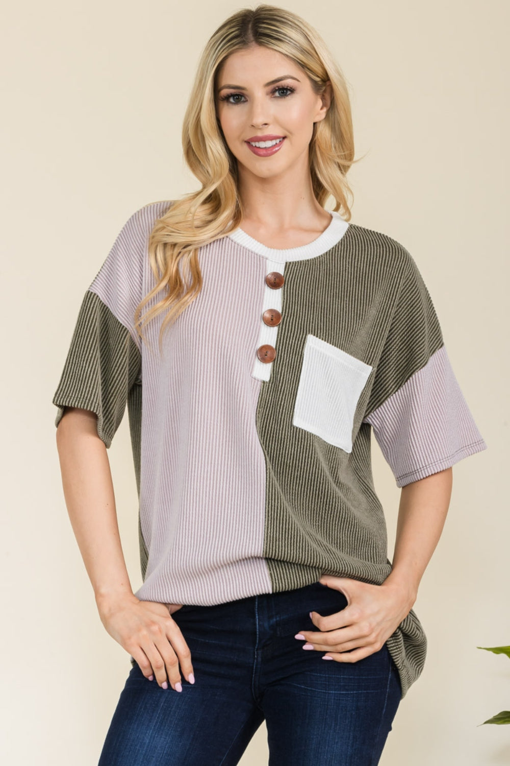 Celeste Full Size Ribbed Color Block Short Sleeve T-Shirt - The Boutie Shop