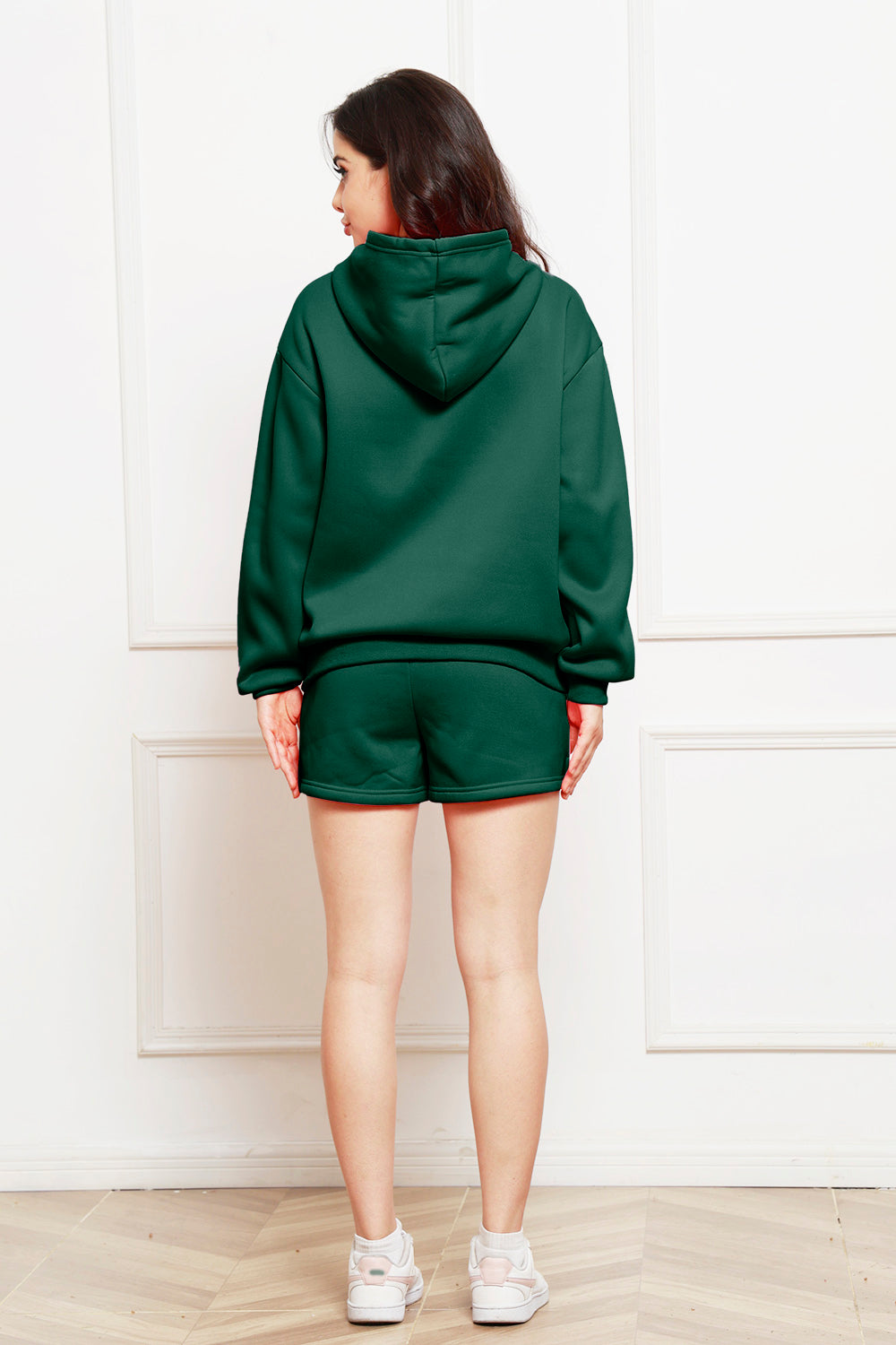 Drop Shoulder Long Sleeve Hoodie and Shorts Set - The Boutie Shop