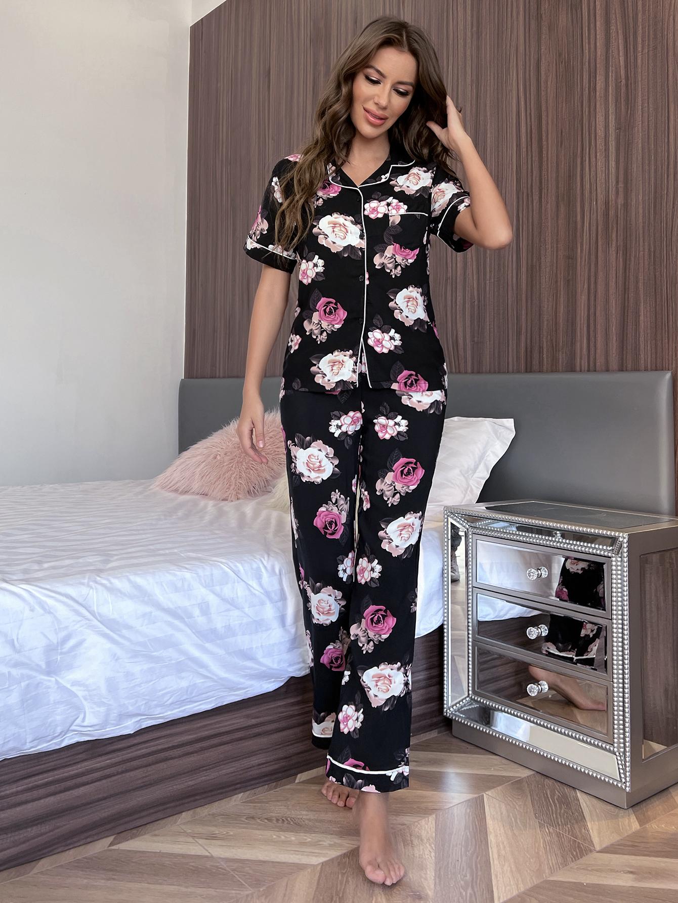 Floral Short Sleeve Shirt and Pants Lounge Set - The Boutie Shop