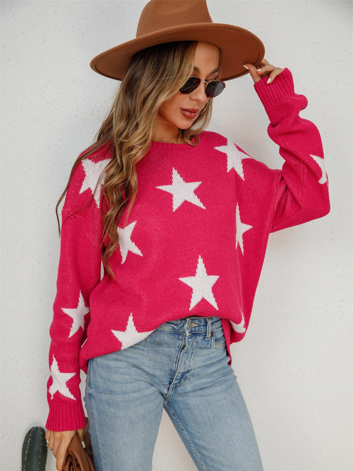 Angel Wings Star Round Neck Dropped Shoulder Sweater - The Boutie Shop