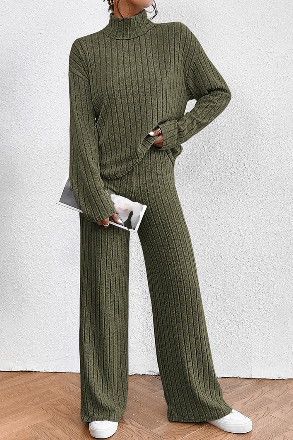 Ribbed Mock Neck Top and Pants Set - The Boutie Shop