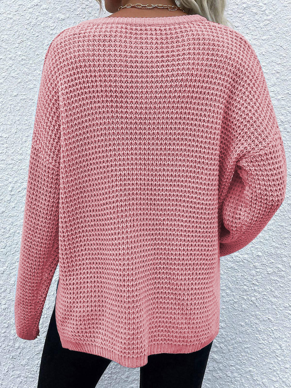 Notched Long Sleeve Sweater - The Boutie Shop