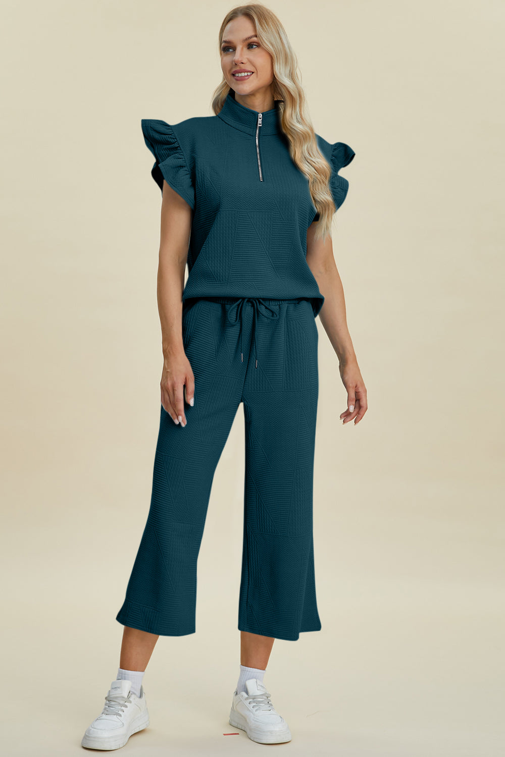 Double Take Full Size Texture Ruffle Short Sleeve Top and Wide Leg Pants Set - The Boutie Shop