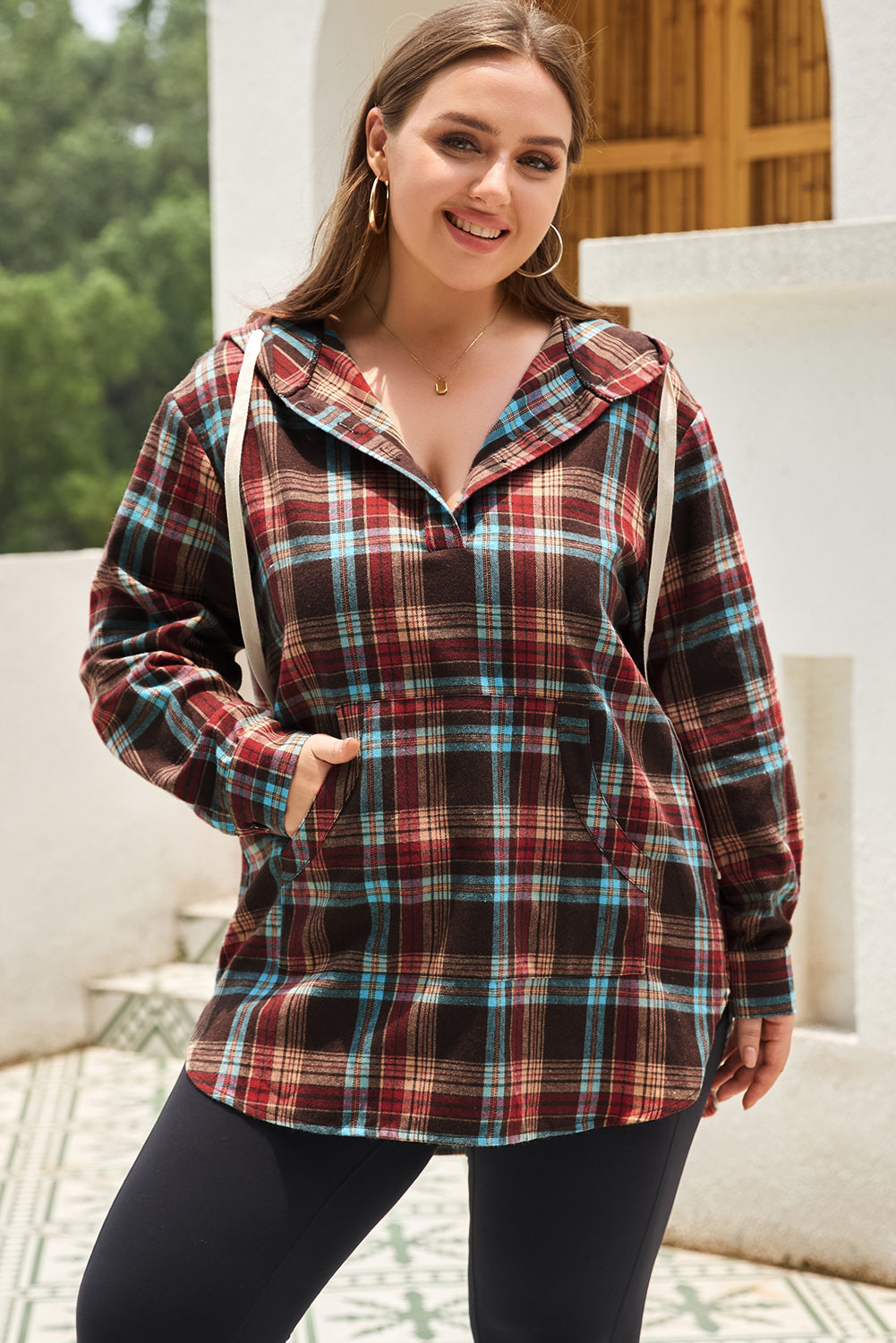 Plus Size Drawstring Plaid Quarter Button Hoodie - The Boutie Shop