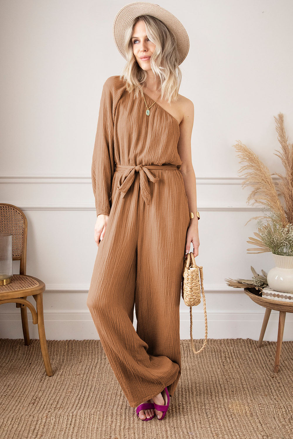 Texture Single Shoulder Tie-Waist Jumpsuit - The Boutie Shop