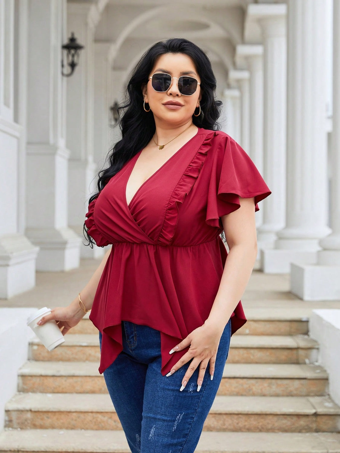 Plus Size Frill Surplice Flutter Sleeve Blouse - The Boutie Shop