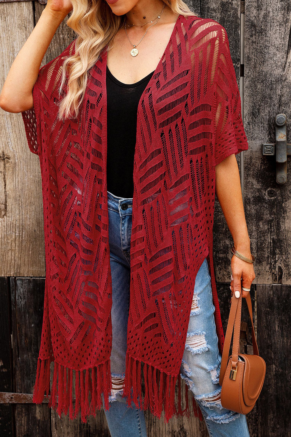 Openwork Open Front Cardigan with Fringes - The Boutie Shop