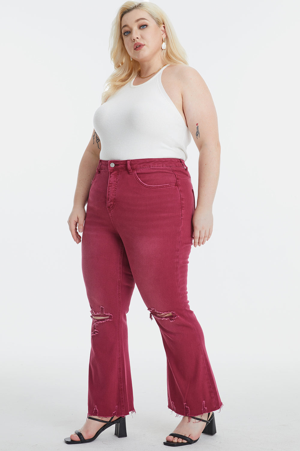 BAYEAS Full Size High Waist Distressed Raw Hem Flare Jeans - The Boutie Shop