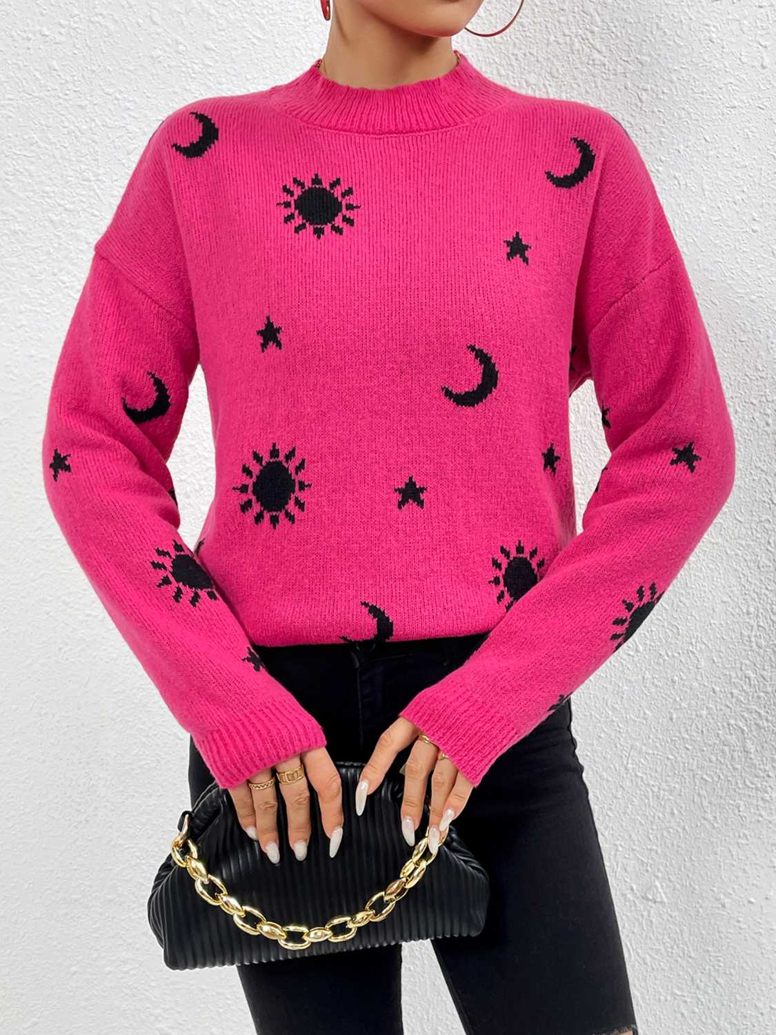 Patterned Drop Shoulder Sweater - The Boutie Shop