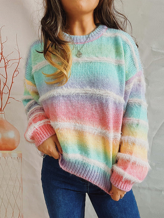 Striped Round Neck Long Sleeve Sweater - The Boutie Shop