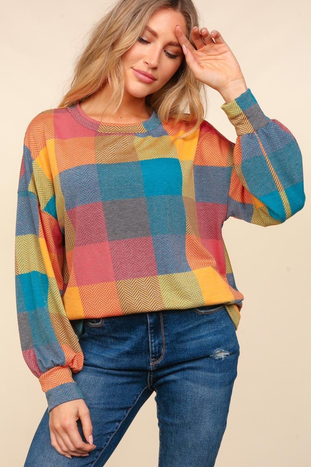 Haptics Round Neck Color Block Plaid Top - The Boutie Shop