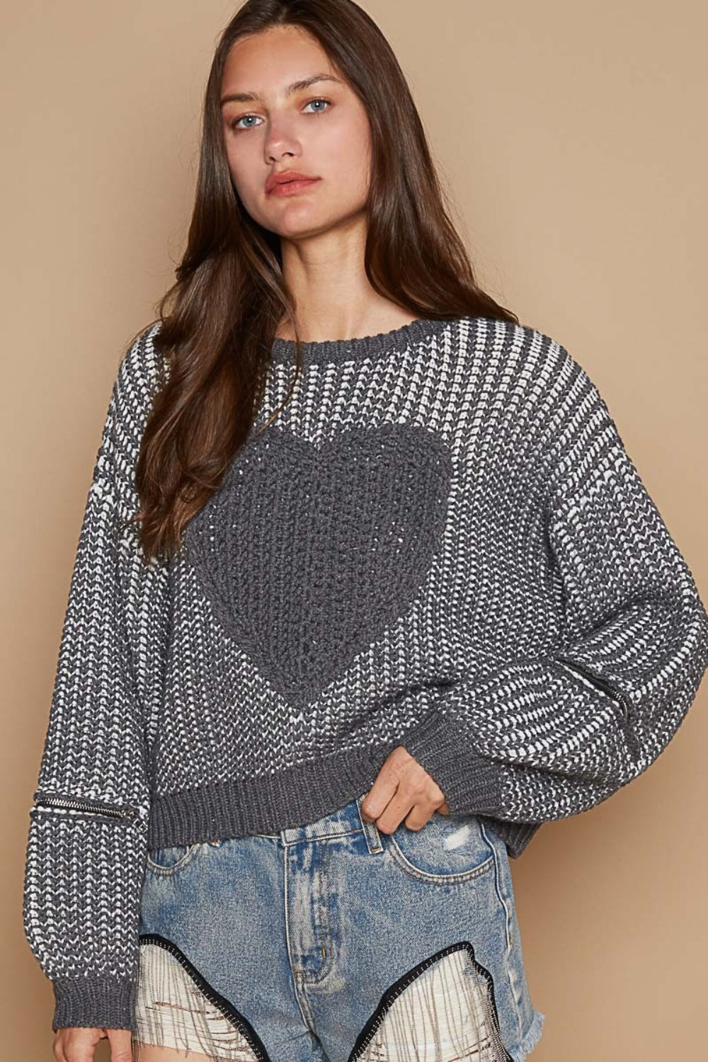 POL Round Neck Heart Patch Zipper Point Sleeve Sweater - The Boutie Shop