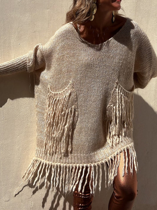 Fringe Detail Long Sleeve Sweater with Pockets - The Boutie Shop