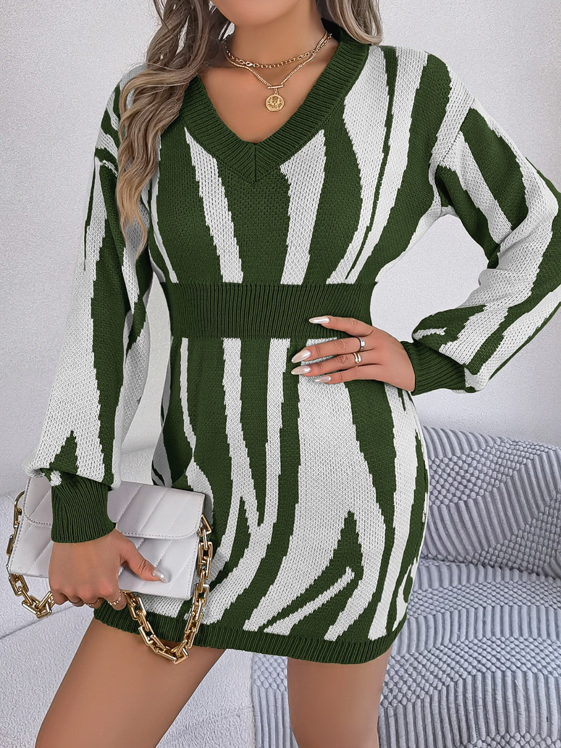 Animal Print V-Neck Long Sleeve Sweater Dress - The Boutie Shop