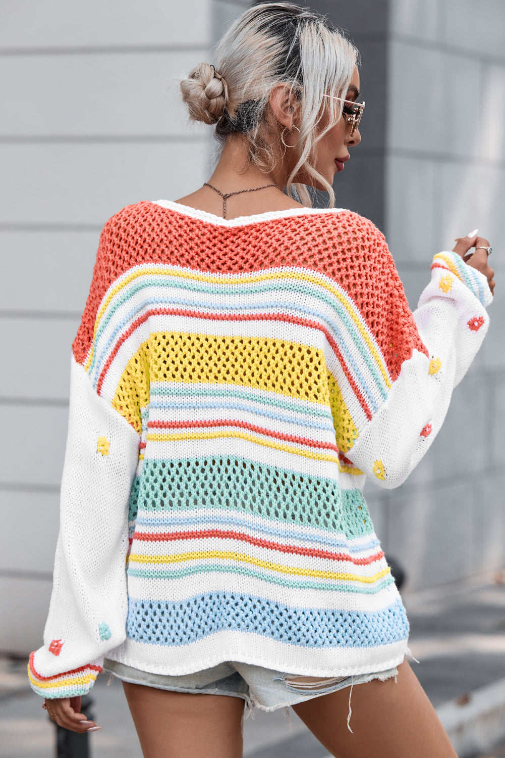 Openwork Striped Round Neck Long Sleeve Sweater - The Boutie Shop