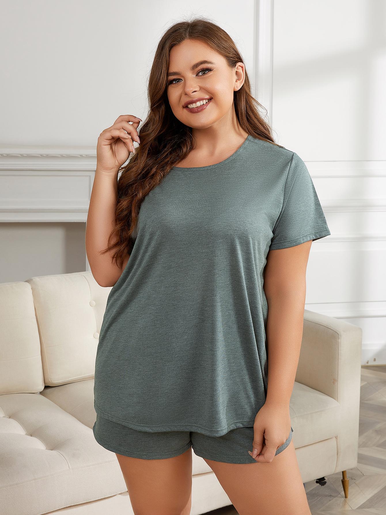 Plus Size Round Neck Short Sleeve Two-Piece Loungewear Set - The Boutie Shop