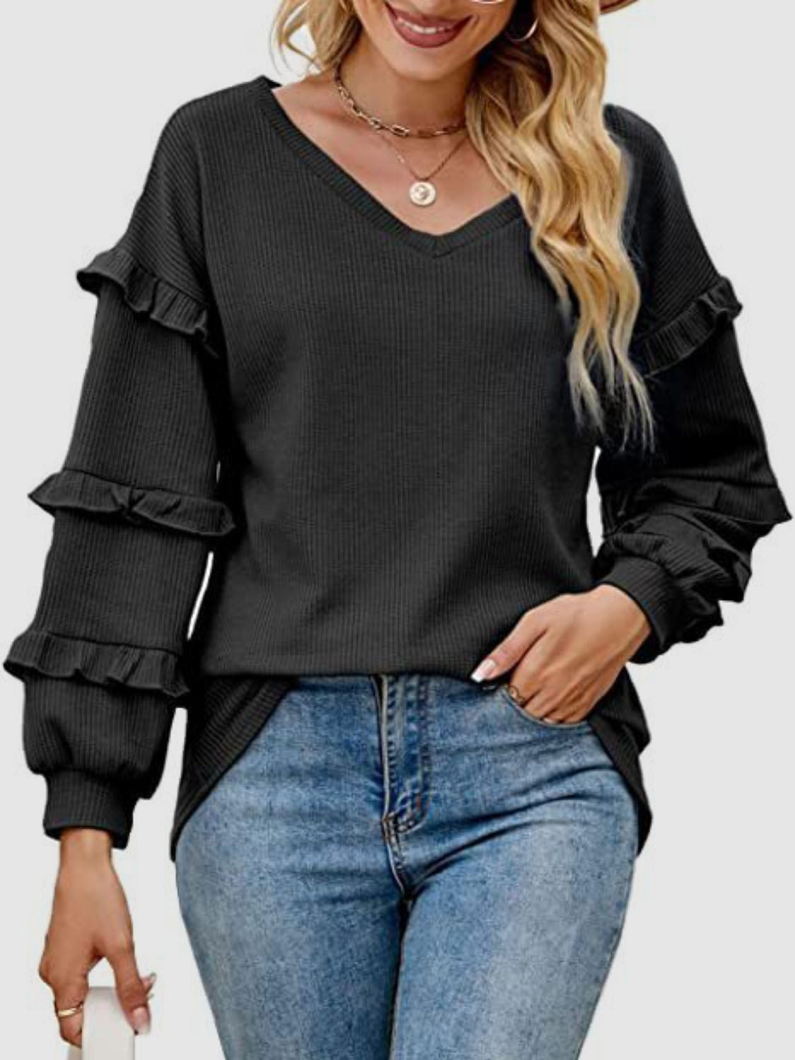 Ruffled V-Neck Long Sleeve T-Shirt - The Boutie Shop