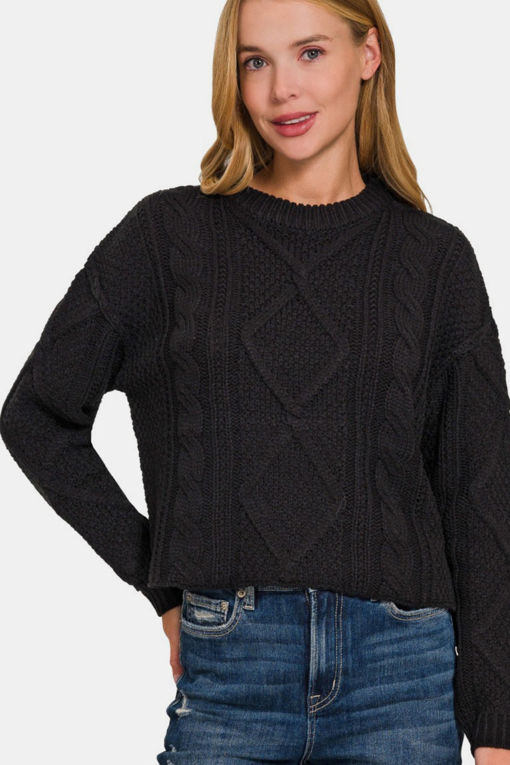 Zenana Cropped High Low Cable Sweater with Side Slits - The Boutie Shop