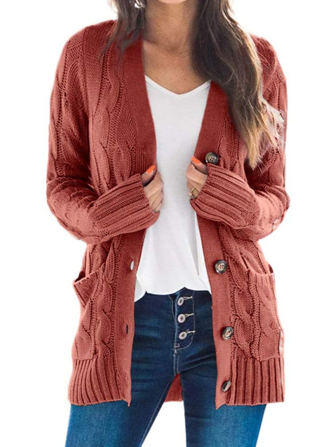 Cable-Knit Buttoned Cardigan with Pockets - The Boutie Shop