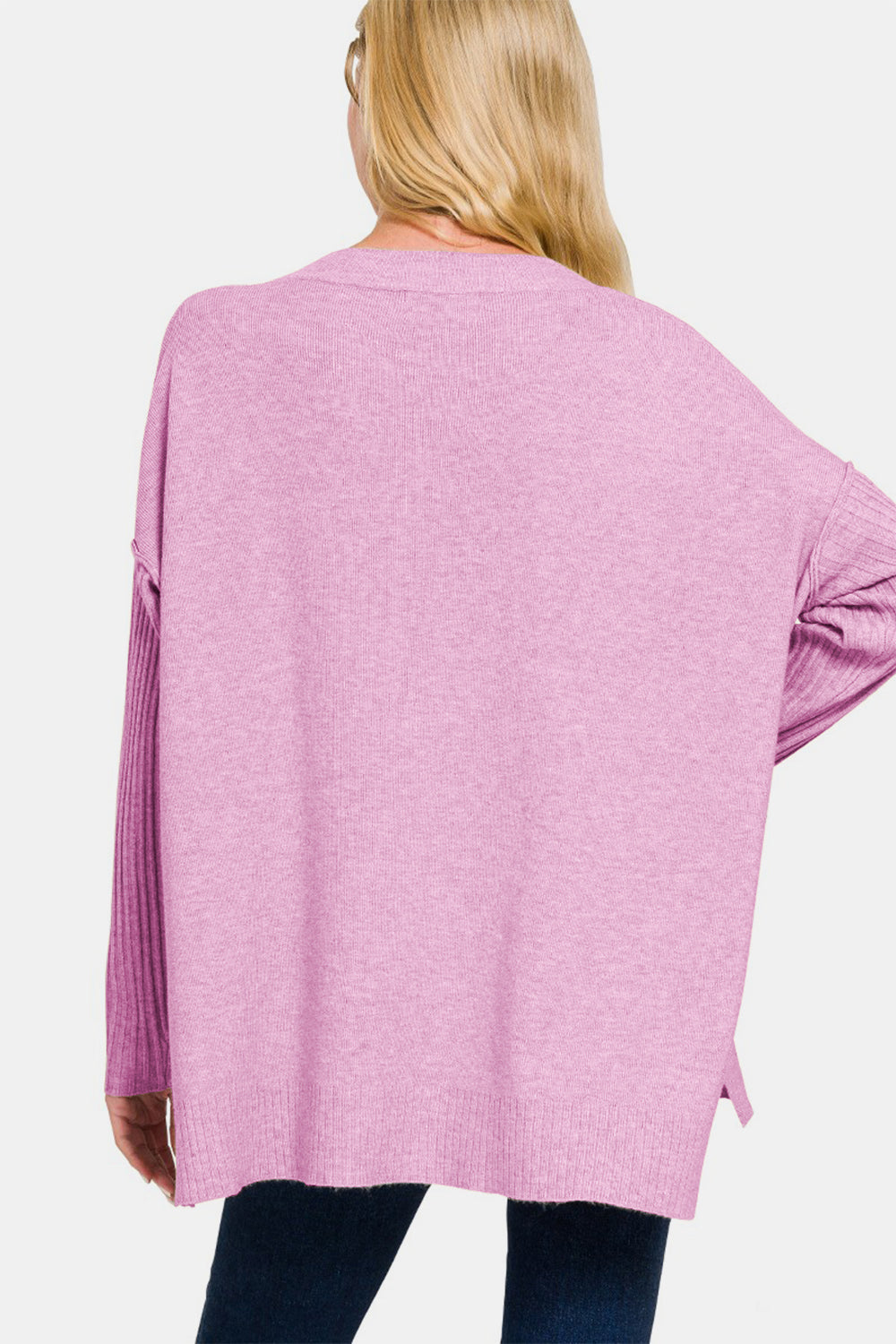 Zenana V-Neck Side Slit High-Low Sweater - The Boutie Shop