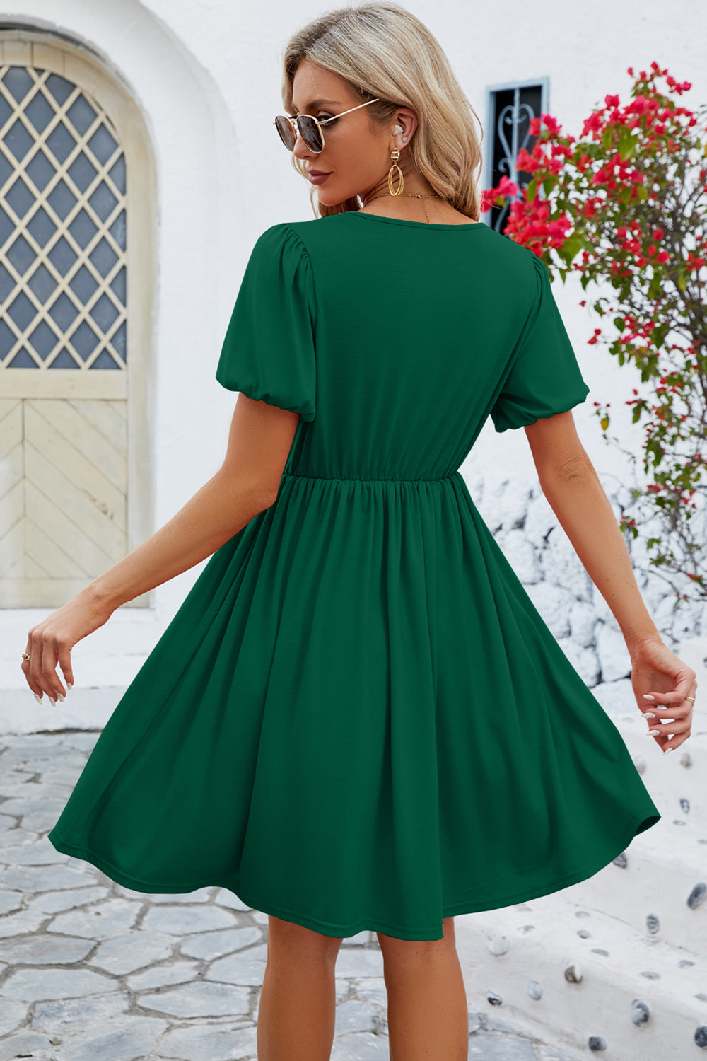 V-Neck Balloon Short Sleeve Dress - The Boutie Shop