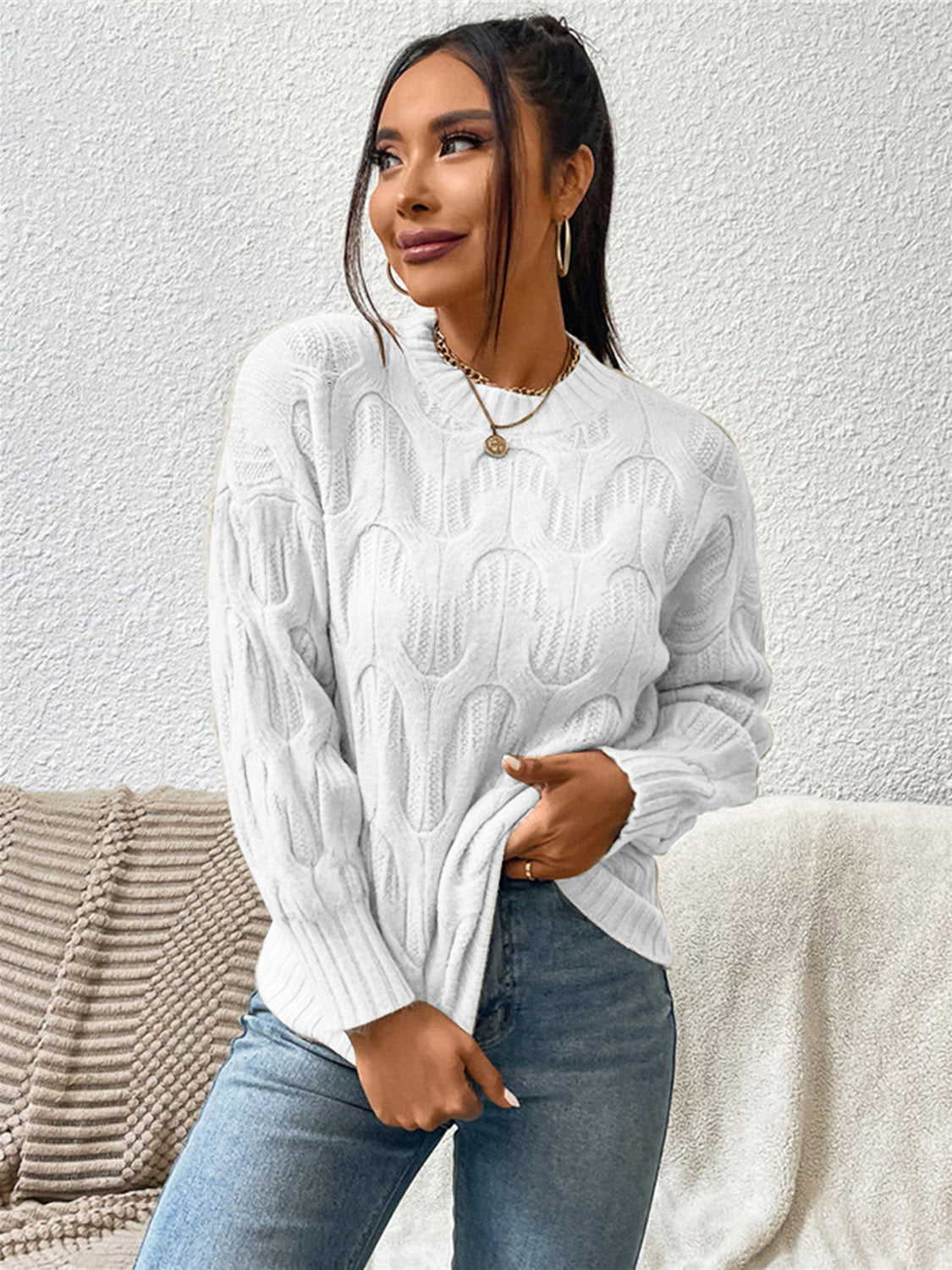 Round Neck Long Sleeve Sweater - The Boutie Shop