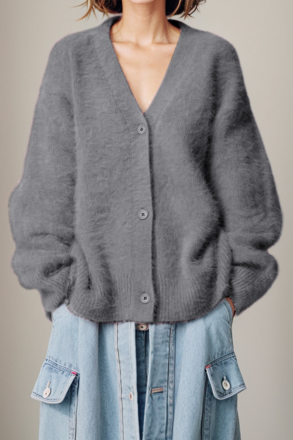 Button Up Dropped Shoulder Cardigan - The Boutie Shop