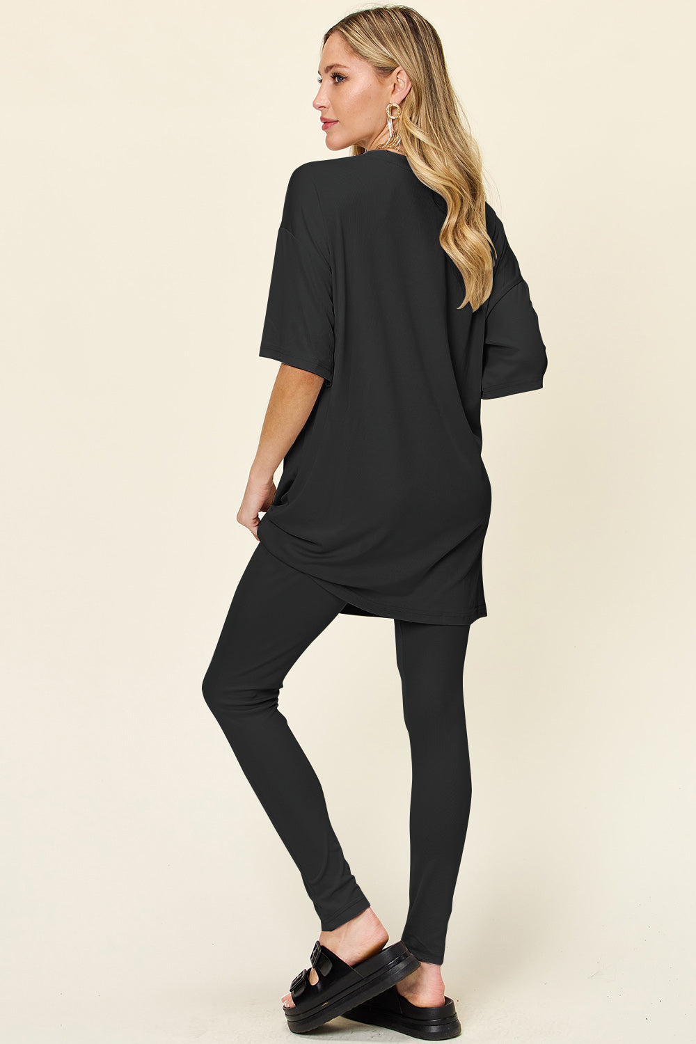 Double Take Full Size Round Neck Dropped Shoulder T-Shirt and Leggings Set - The Boutie Shop