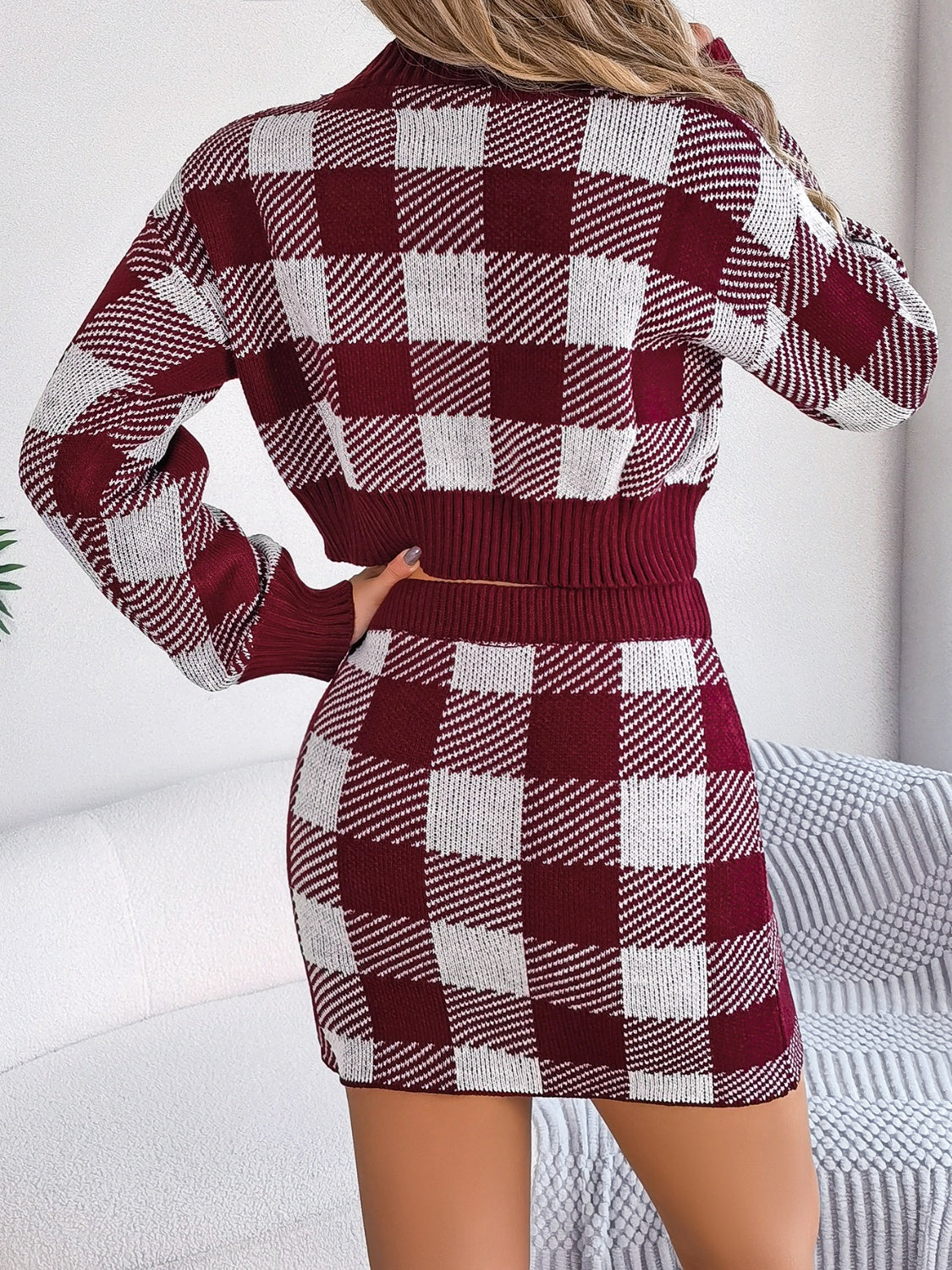 Plaid Round Neck Top and Skirt Sweater Set - The Boutie Shop