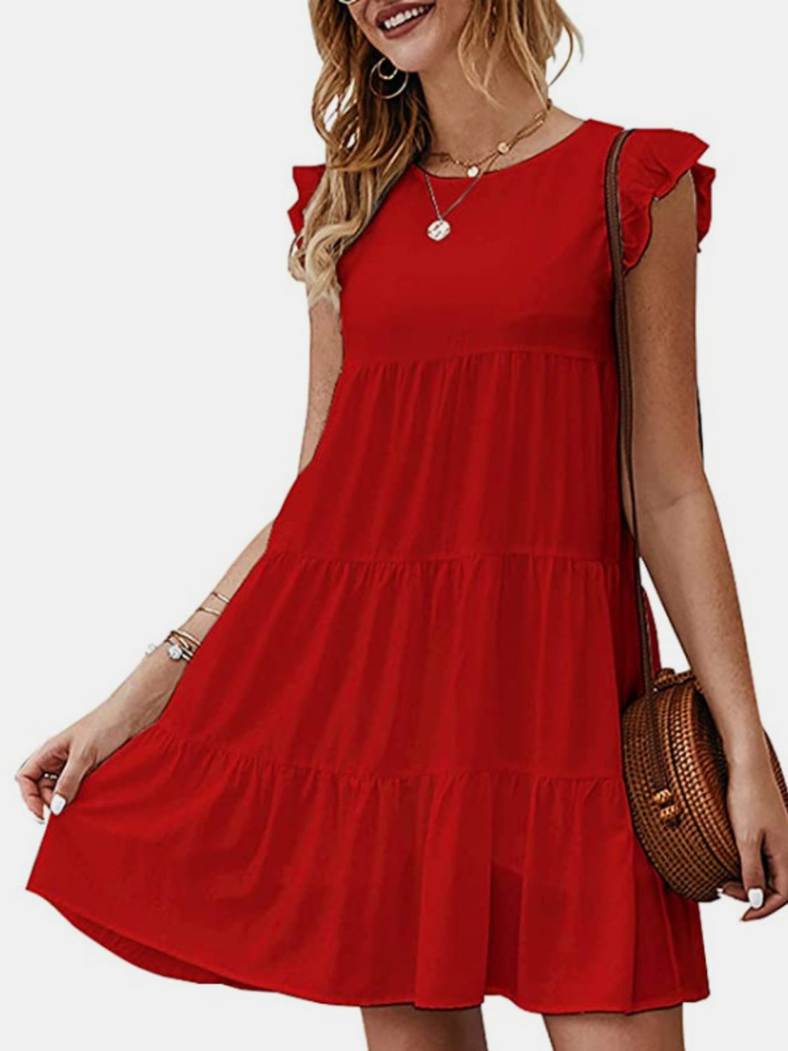 Ruffled Round Neck Cap Sleeve Mini Dress - The Boutie Shop