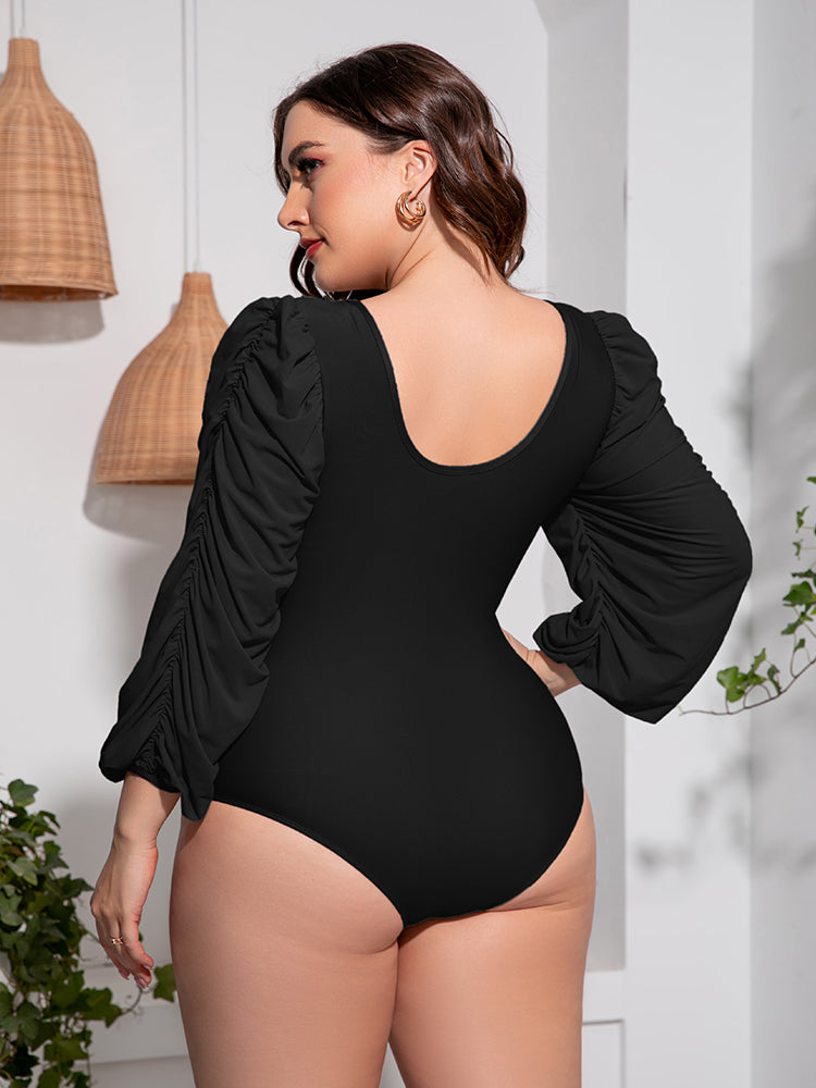 Plus Size Tied Deep V Balloon Sleeve One-Piece Swimsuit - The Boutie Shop