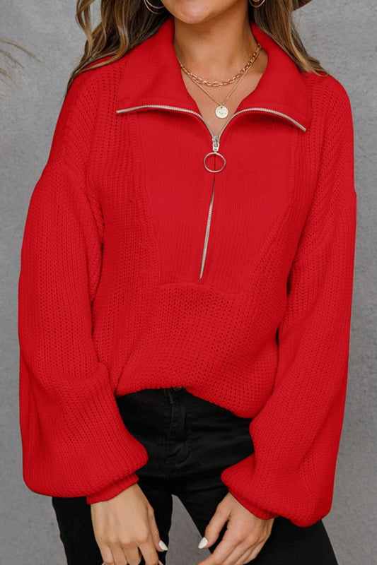 Angel Wings Half Zip Dropped Shoulder Sweater - The Boutie Shop