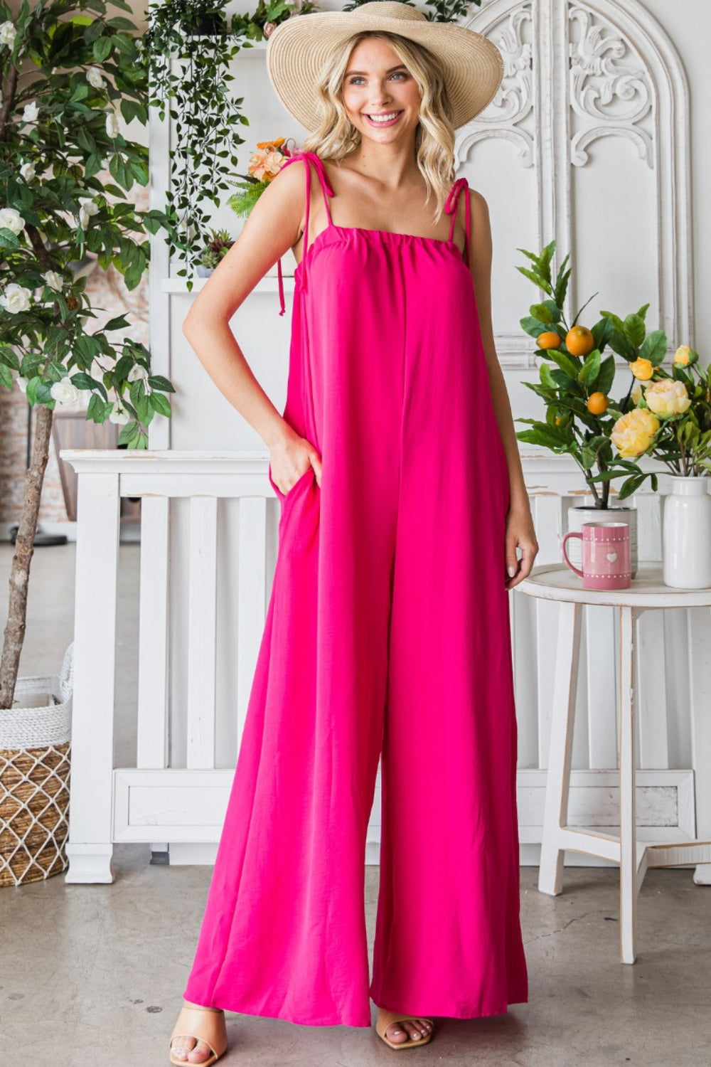 Veveret Pocketed Spaghetti Strap Wide Leg Jumpsuit - The Boutie Shop