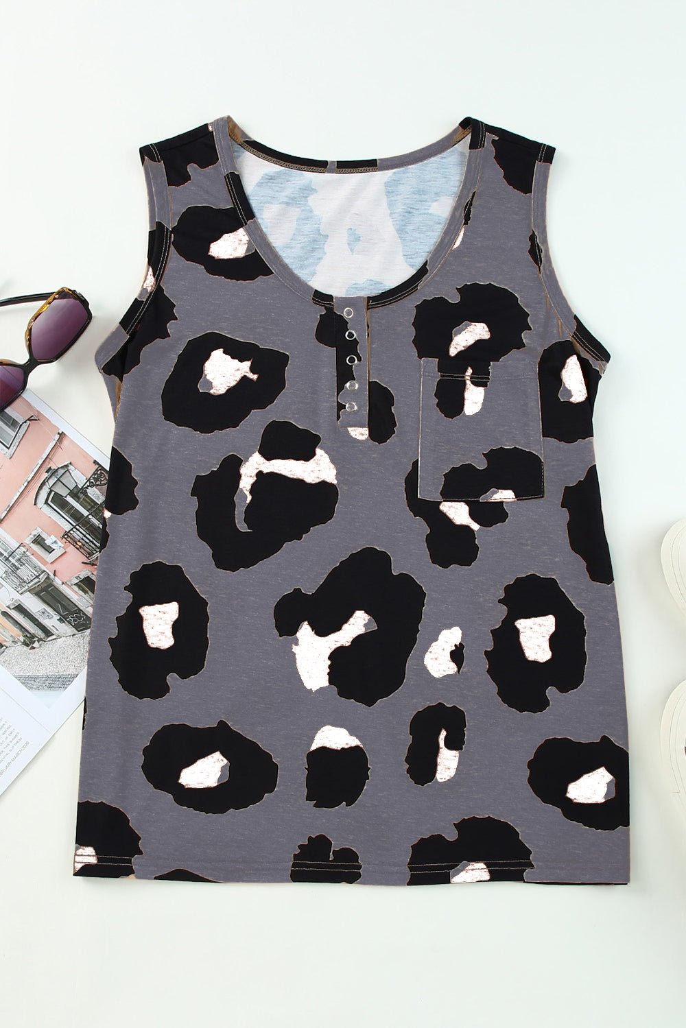 Pocketed Leopard Round Neck Tank - The Boutie Shop