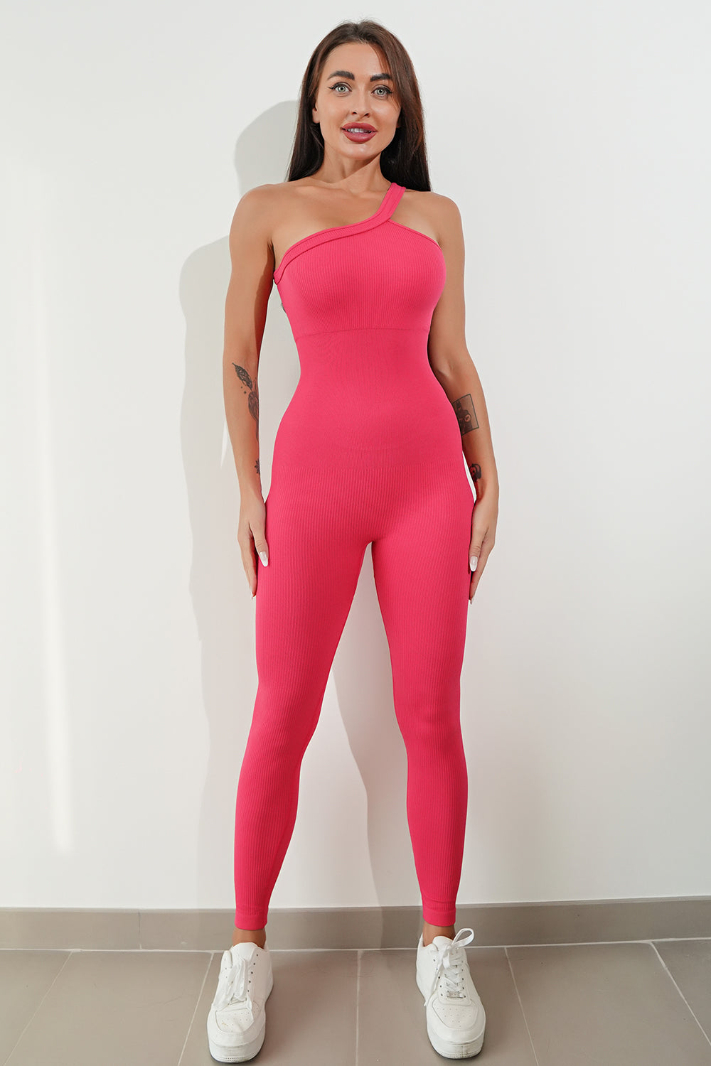 Asymmetrical Neck Wide Strap Active Jumpsuit - The Boutie Shop