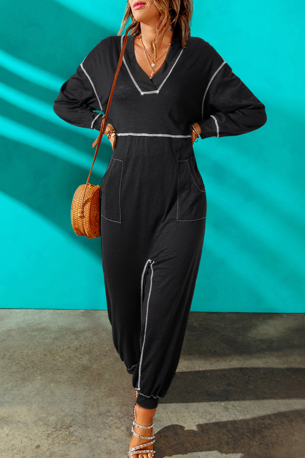 Contrast Stitching Pocketed Dropped Shoulder Jumpsuit - The Boutie Shop