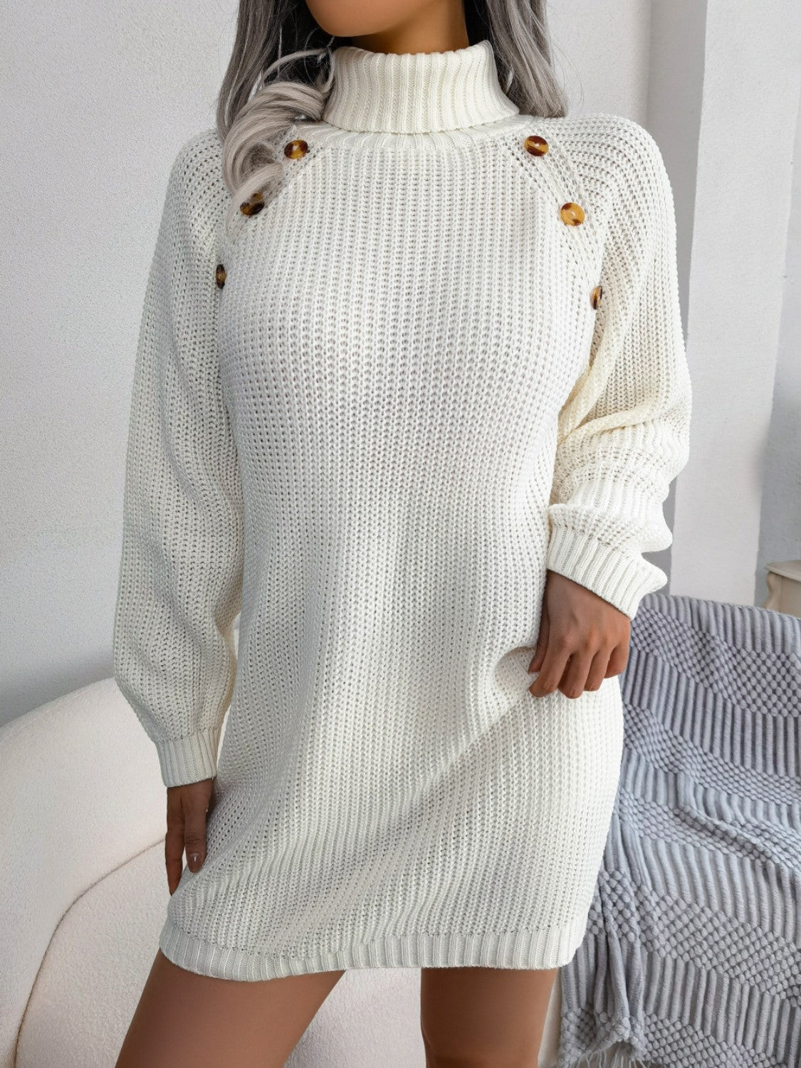 Decorative Button Turtleneck Sweater Dress - The Boutie Shop