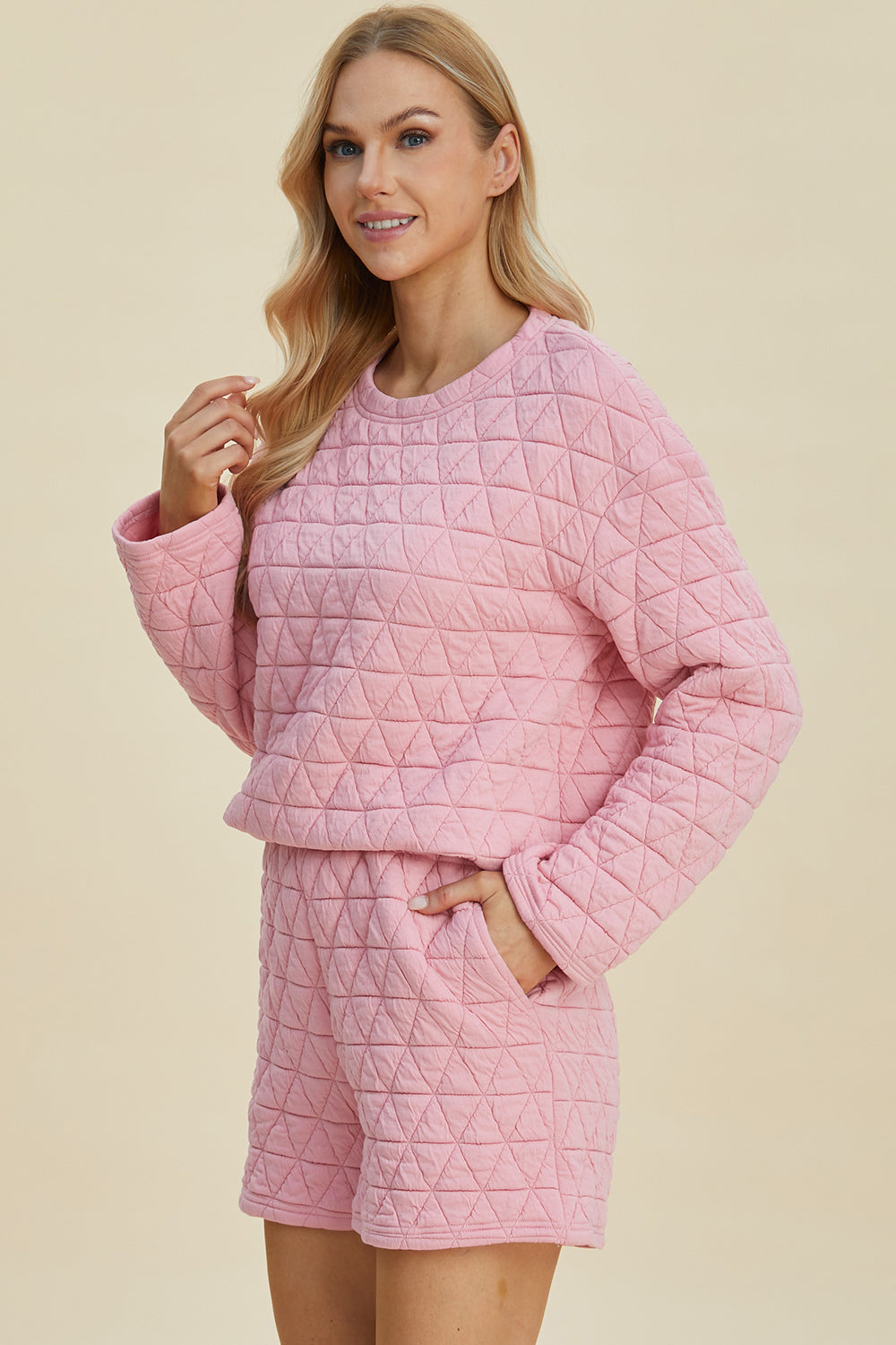 Double Take Full Size Texture Round Neck Long Sleeve Top and Shorts Set - The Boutie Shop