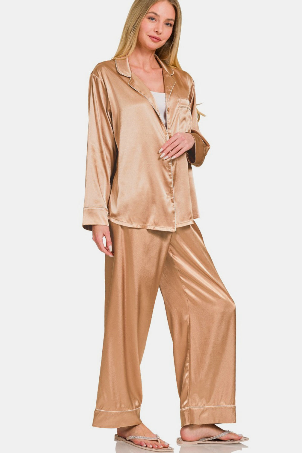 Zenana Satin Long Sleeve Shirt and Pants Pajama Set - The Boutie Shop